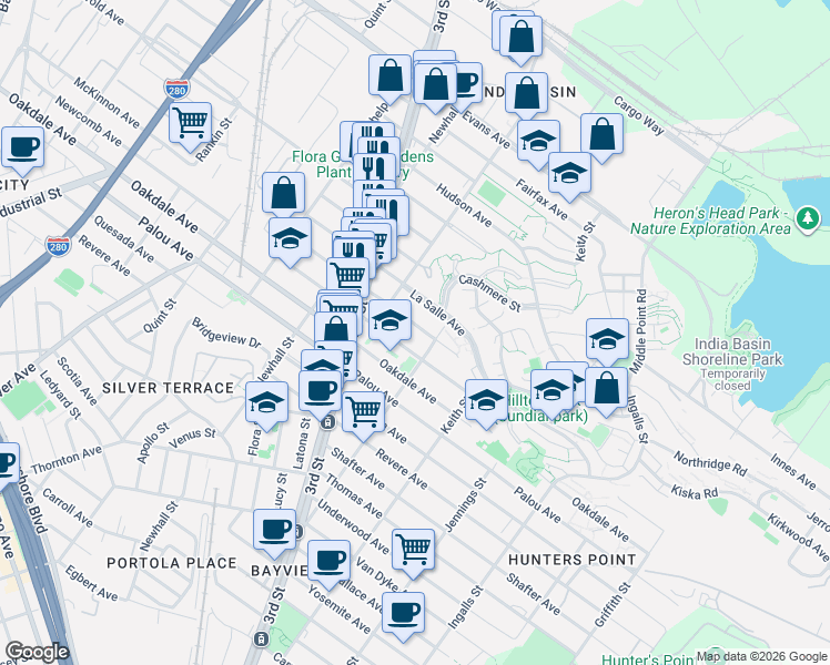 map of restaurants, bars, coffee shops, grocery stores, and more near 1538 McKinnon Avenue in San Francisco