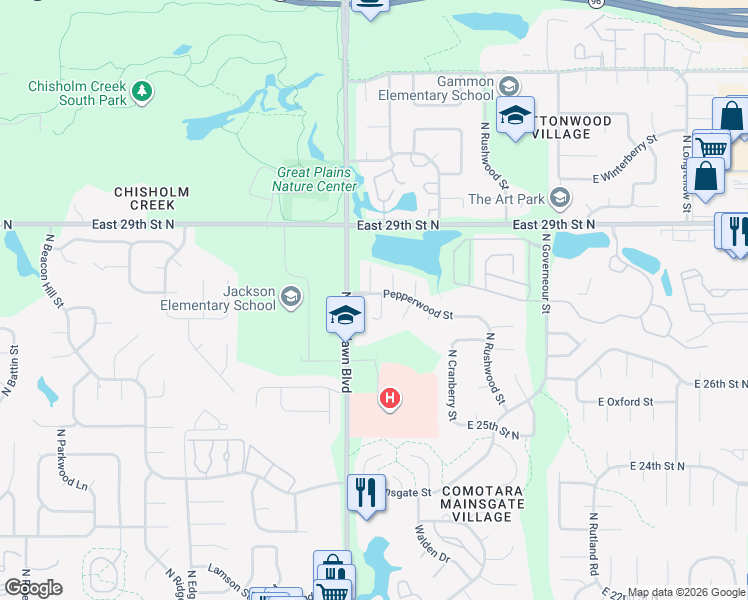 map of restaurants, bars, coffee shops, grocery stores, and more near 6455 Pepperwood Street in Wichita