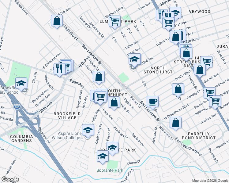 map of restaurants, bars, coffee shops, grocery stores, and more near 10418 Pippin Street in Oakland