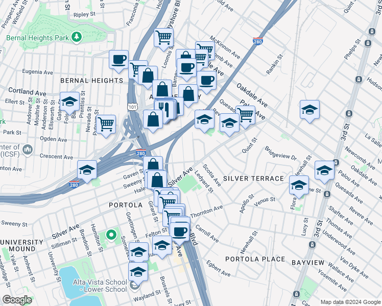 map of restaurants, bars, coffee shops, grocery stores, and more near 74 Waterville Street in San Francisco