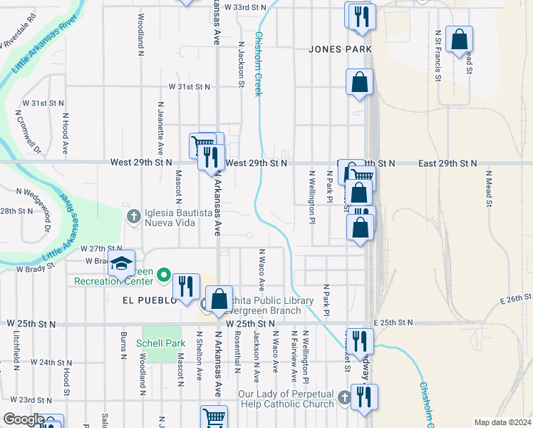 map of restaurants, bars, coffee shops, grocery stores, and more near 405 West Meadow Creek Street in Wichita
