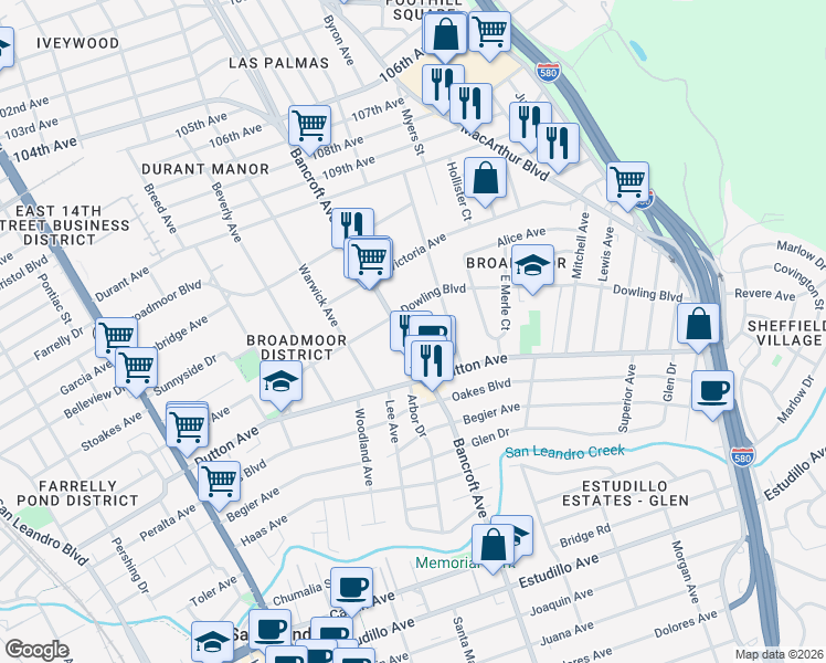 map of restaurants, bars, coffee shops, grocery stores, and more near 525 Kenilworth Avenue in San Leandro