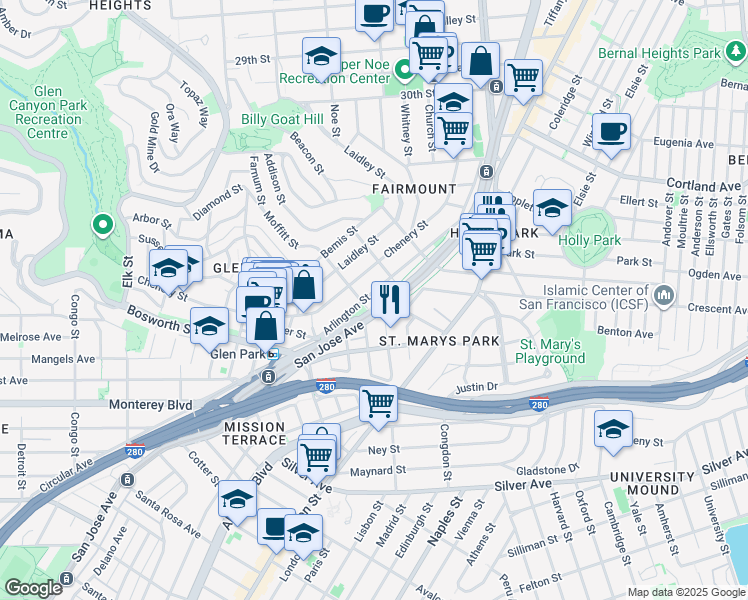 map of restaurants, bars, coffee shops, grocery stores, and more near 475 Arlington Street in San Francisco