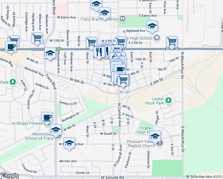 map of restaurants, bars, coffee shops, grocery stores, and more near 47 West 6th Street in Tracy