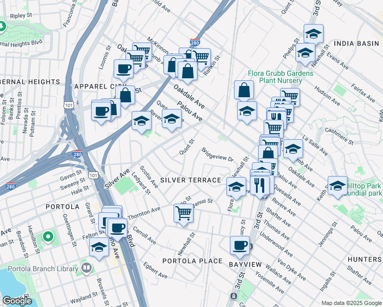 map of restaurants, bars, coffee shops, grocery stores, and more near Quint Street in San Francisco