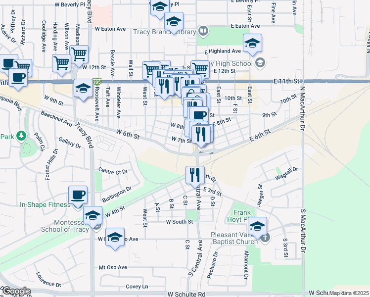 map of restaurants, bars, coffee shops, grocery stores, and more near 47 West 6th Street in Tracy