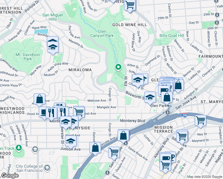 map of restaurants, bars, coffee shops, grocery stores, and more near 701 Congo Street in San Francisco