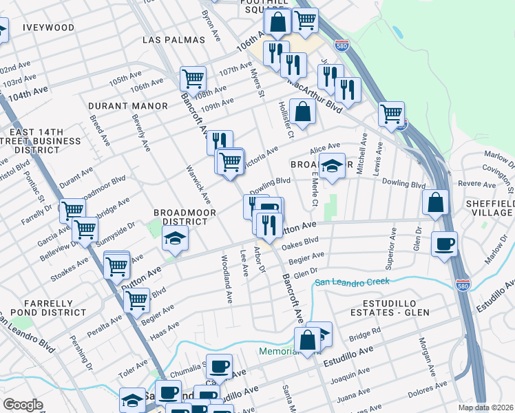 map of restaurants, bars, coffee shops, grocery stores, and more near 525 Kenilworth Avenue in San Leandro