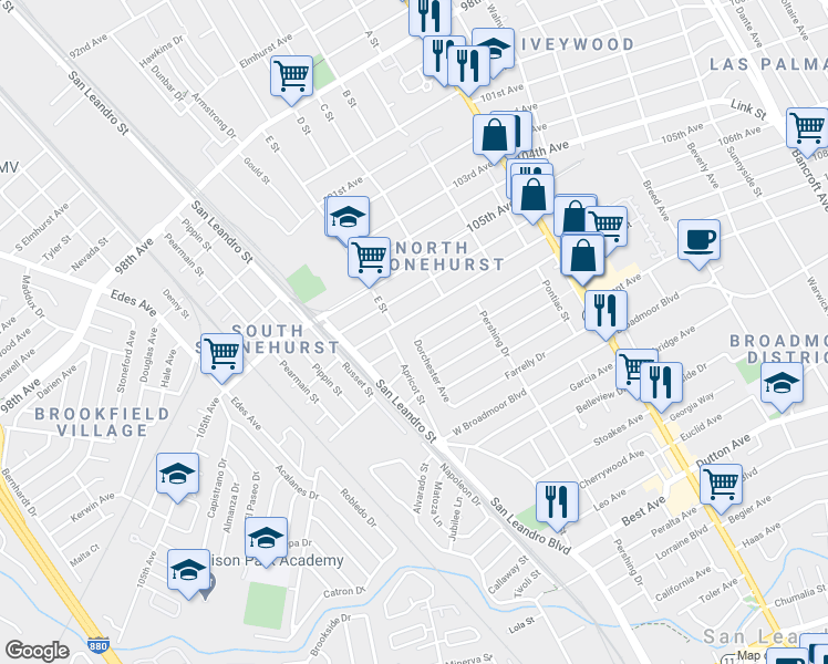 map of restaurants, bars, coffee shops, grocery stores, and more near 374 Bristol Boulevard in San Leandro