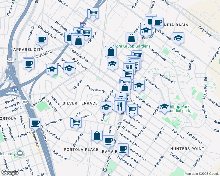 map of restaurants, bars, coffee shops, grocery stores, and more near 1755 Palou Avenue in San Francisco