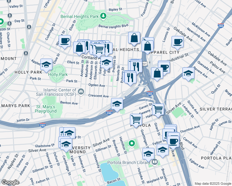 map of restaurants, bars, coffee shops, grocery stores, and more near 518 Nevada Street in San Francisco