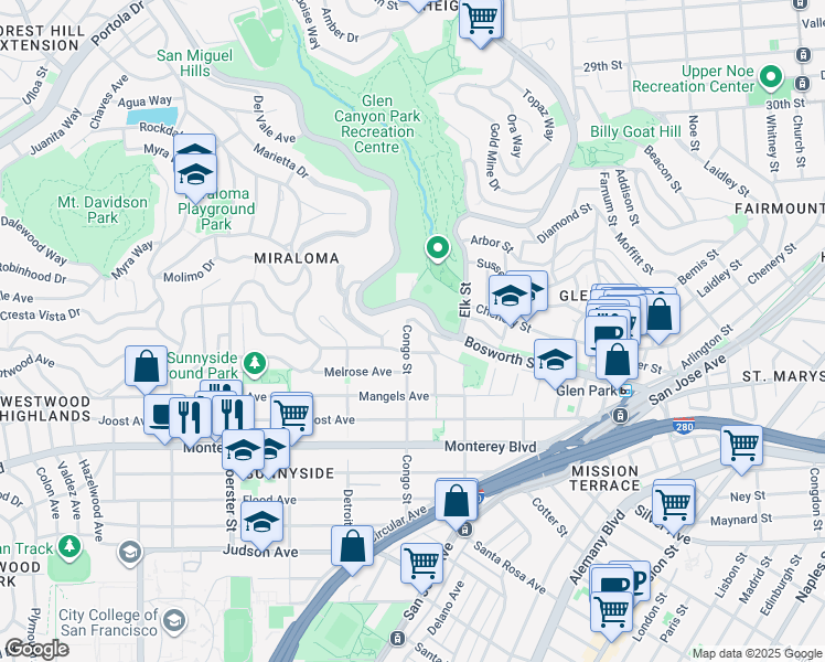 map of restaurants, bars, coffee shops, grocery stores, and more near 701 Congo Street in San Francisco