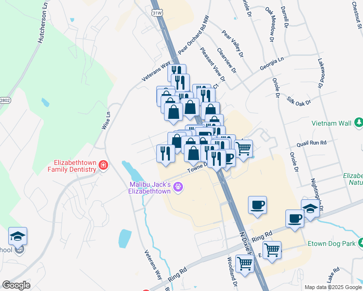 map of restaurants, bars, coffee shops, grocery stores, and more near 109 Routt Drive in Elizabethtown