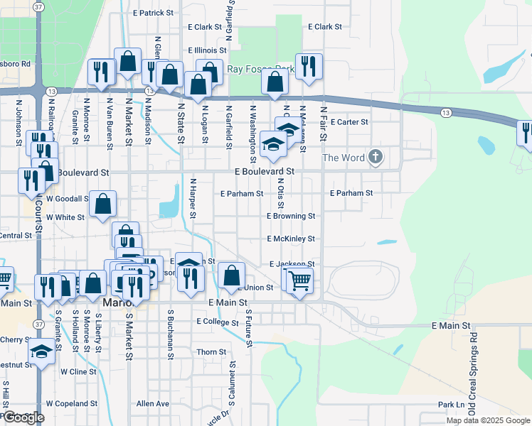map of restaurants, bars, coffee shops, grocery stores, and more near 704 North Otis Street in Marion