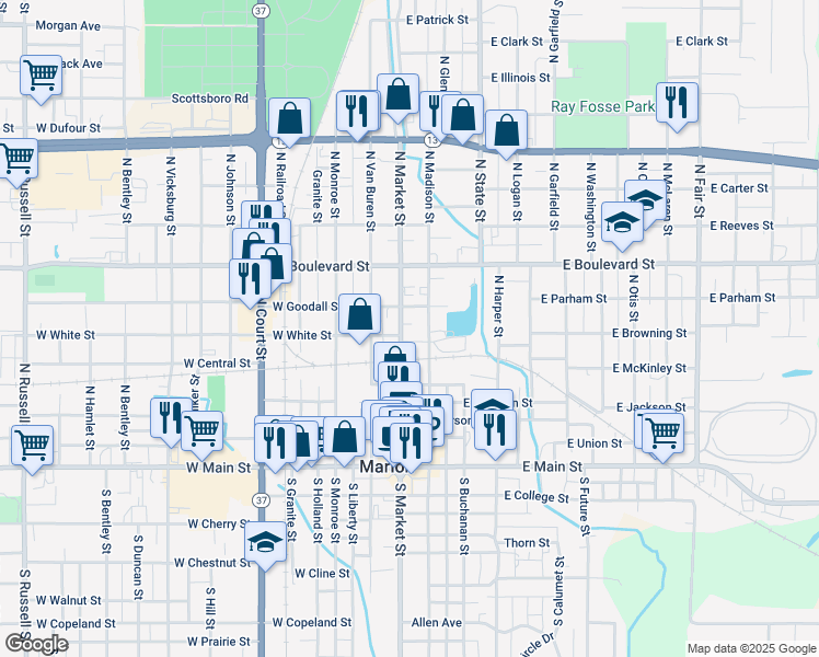 map of restaurants, bars, coffee shops, grocery stores, and more near 732-798 N Market St in Marion