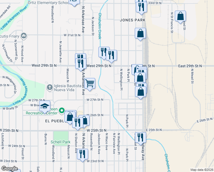 map of restaurants, bars, coffee shops, grocery stores, and more near 318 W Meadow Creek St in Wichita