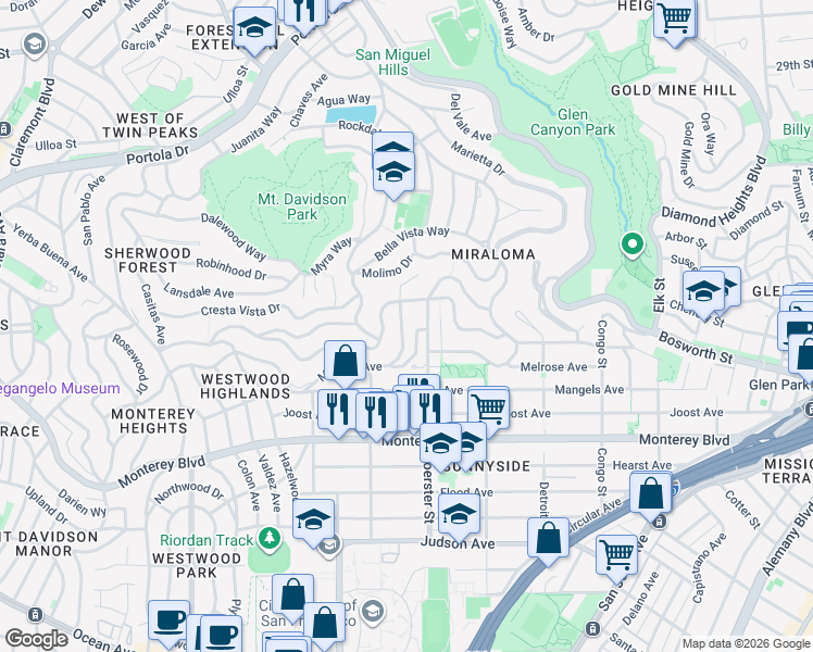 map of restaurants, bars, coffee shops, grocery stores, and more near 70 Stanford Heights Avenue in San Francisco