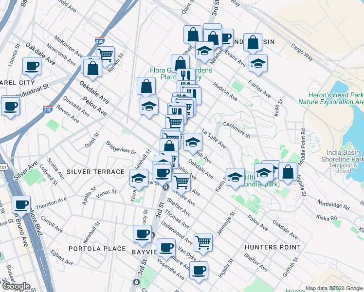map of restaurants, bars, coffee shops, grocery stores, and more near 4705 3rd Street in San Francisco