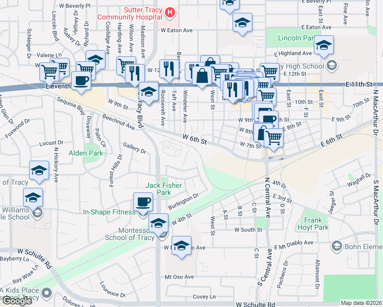 map of restaurants, bars, coffee shops, grocery stores, and more near 544 Rockingham Court in Tracy