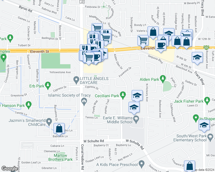 map of restaurants, bars, coffee shops, grocery stores, and more near 565 Silvertail Place in Tracy