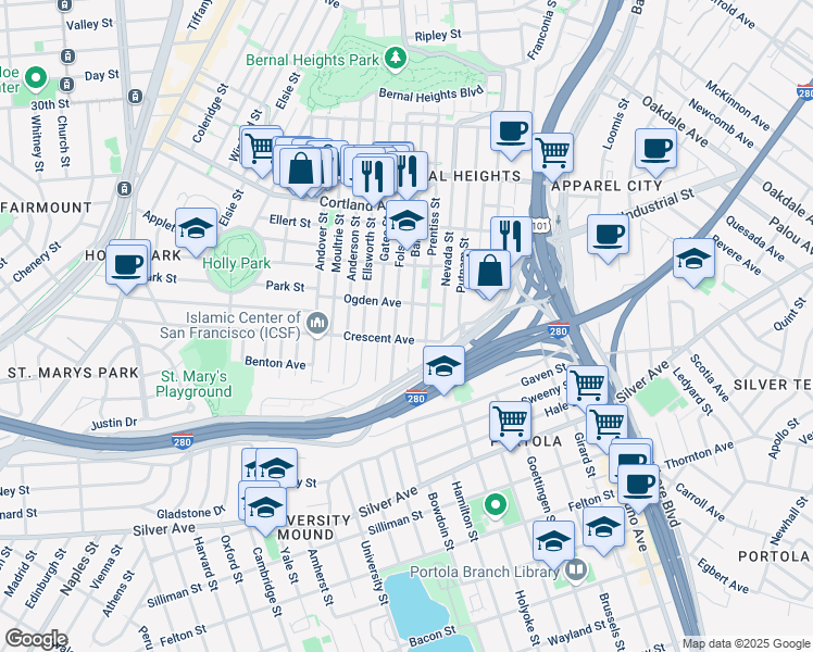 map of restaurants, bars, coffee shops, grocery stores, and more near 4127 Folsom Street in San Francisco