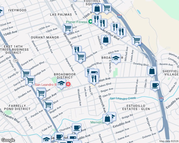 map of restaurants, bars, coffee shops, grocery stores, and more near 525 Kenilworth Avenue in San Leandro