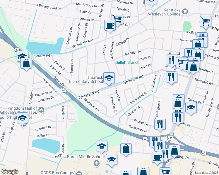 map of restaurants, bars, coffee shops, grocery stores, and more near 1733 Tamarack Road in Owensboro