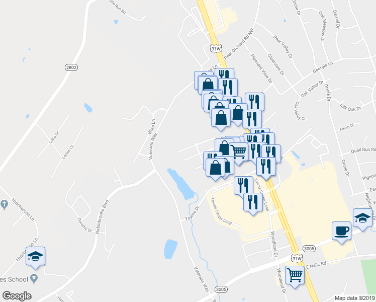 map of restaurants, bars, coffee shops, grocery stores, and more near 305 Cottrell Lane in Elizabethtown