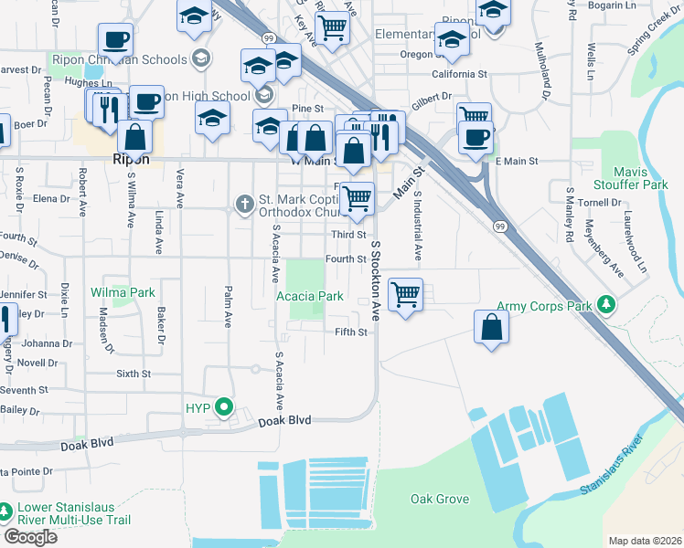 map of restaurants, bars, coffee shops, grocery stores, and more near 510 South Walnut Avenue in Ripon