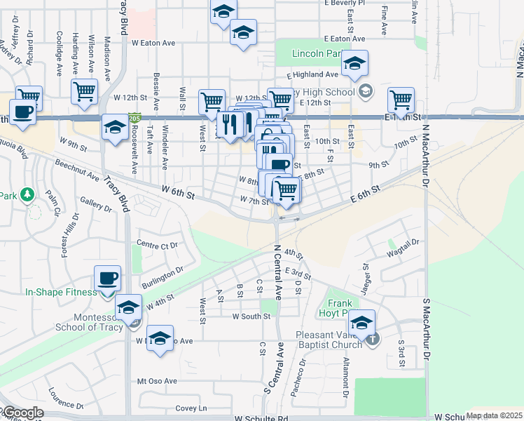 map of restaurants, bars, coffee shops, grocery stores, and more near 32 West 7th Street in Tracy