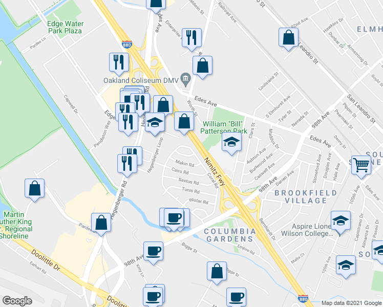 map of restaurants, bars, coffee shops, grocery stores, and more near 9251 Coral Road in Oakland