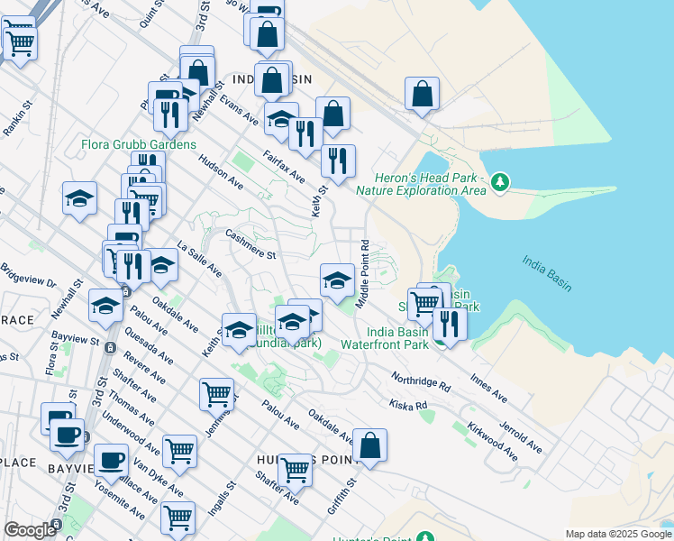 map of restaurants, bars, coffee shops, grocery stores, and more near 146 West Point Road in San Francisco