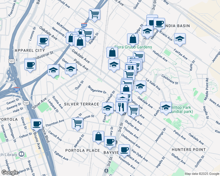 map of restaurants, bars, coffee shops, grocery stores, and more near 1755 Palou Avenue in San Francisco