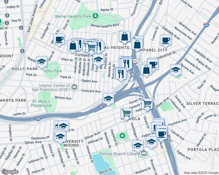 map of restaurants, bars, coffee shops, grocery stores, and more near 518 Nevada Street in San Francisco
