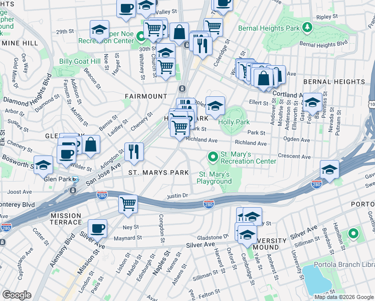 map of restaurants, bars, coffee shops, grocery stores, and more near 27 Crescent Avenue in San Francisco
