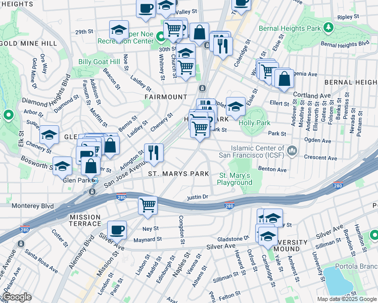 map of restaurants, bars, coffee shops, grocery stores, and more near 177 College Avenue in San Francisco