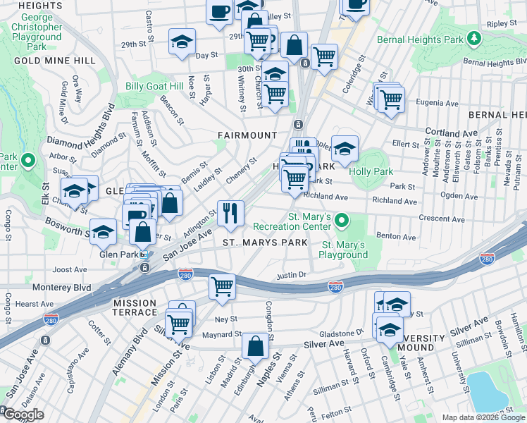 map of restaurants, bars, coffee shops, grocery stores, and more near 115 College Avenue in San Francisco