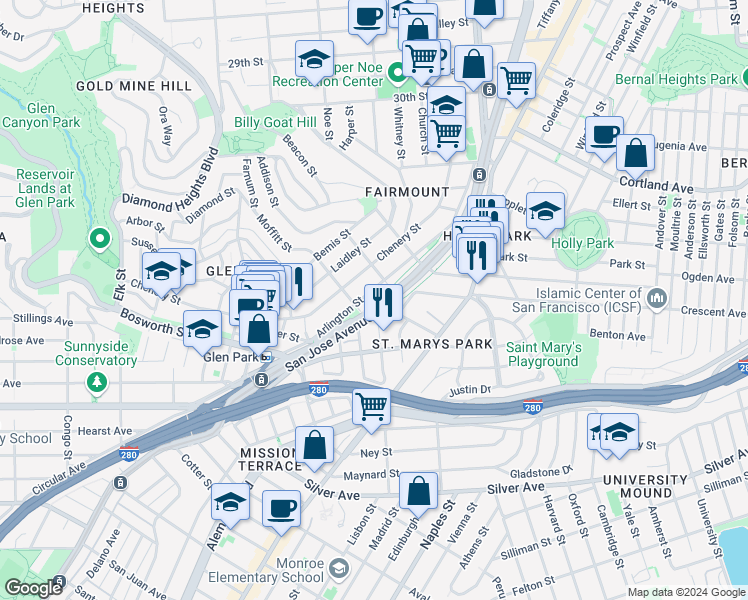 map of restaurants, bars, coffee shops, grocery stores, and more near 415 Arlington Street in San Francisco