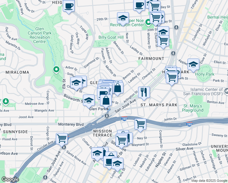 map of restaurants, bars, coffee shops, grocery stores, and more near 30 Surrey Street in San Francisco