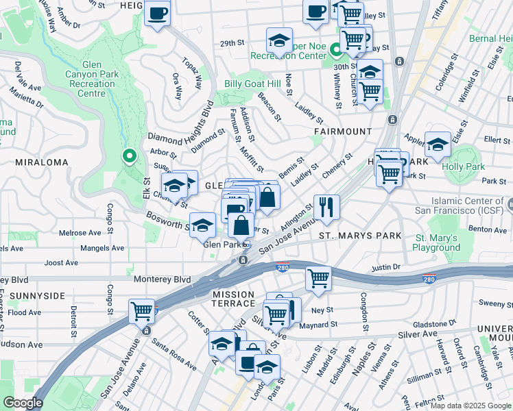 map of restaurants, bars, coffee shops, grocery stores, and more near 30 Surrey Street in San Francisco