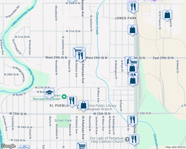 map of restaurants, bars, coffee shops, grocery stores, and more near 405 W Meadow Creek St in Wichita