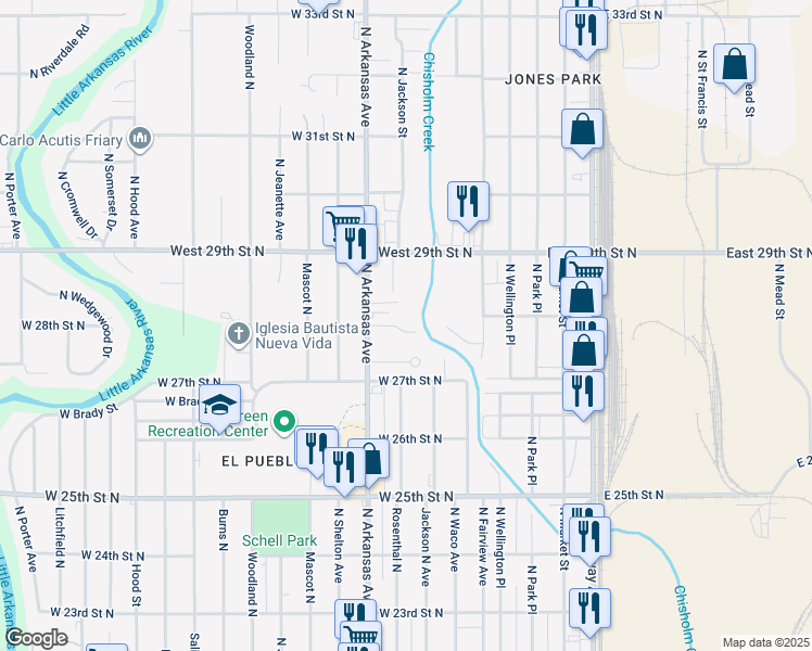 map of restaurants, bars, coffee shops, grocery stores, and more near 2844 North Arkansas in Wichita