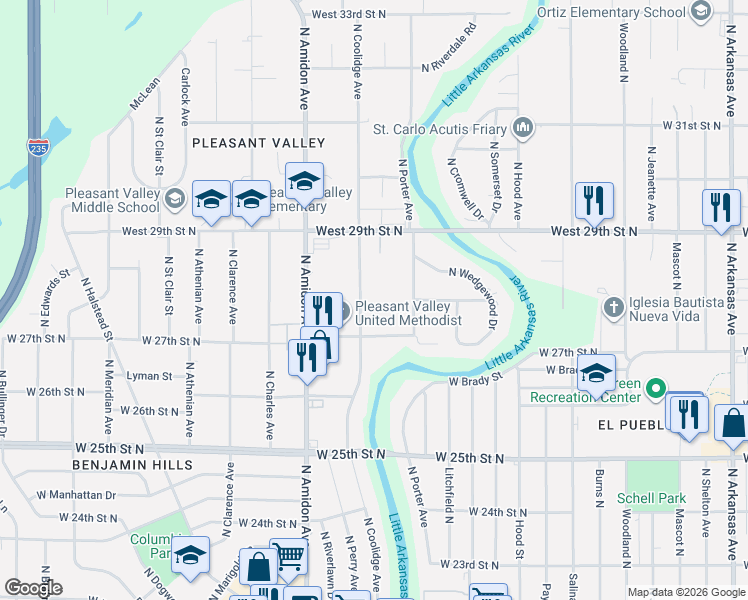 map of restaurants, bars, coffee shops, grocery stores, and more near 2908 North Coolidge Avenue in Wichita