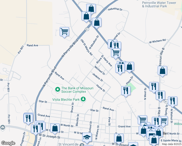 map of restaurants, bars, coffee shops, grocery stores, and more near 1069 Jenkins Street in Perryville