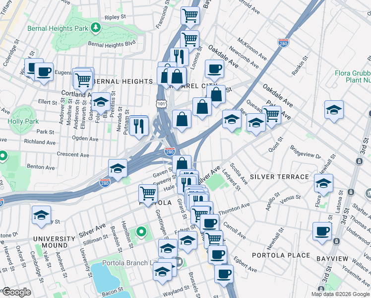 map of restaurants, bars, coffee shops, grocery stores, and more near John F. Foran Freeway in San Francisco