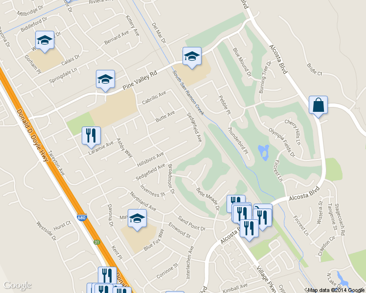 map of restaurants, bars, coffee shops, grocery stores, and more near 7393 Hillsboro Avenue in San Ramon