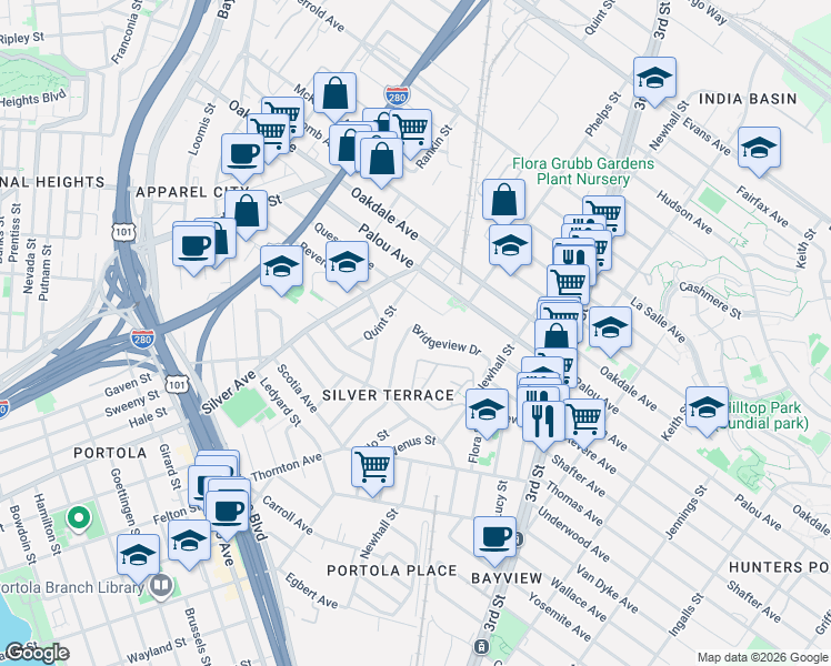 map of restaurants, bars, coffee shops, grocery stores, and more near 166 Bridgeview Drive in San Francisco