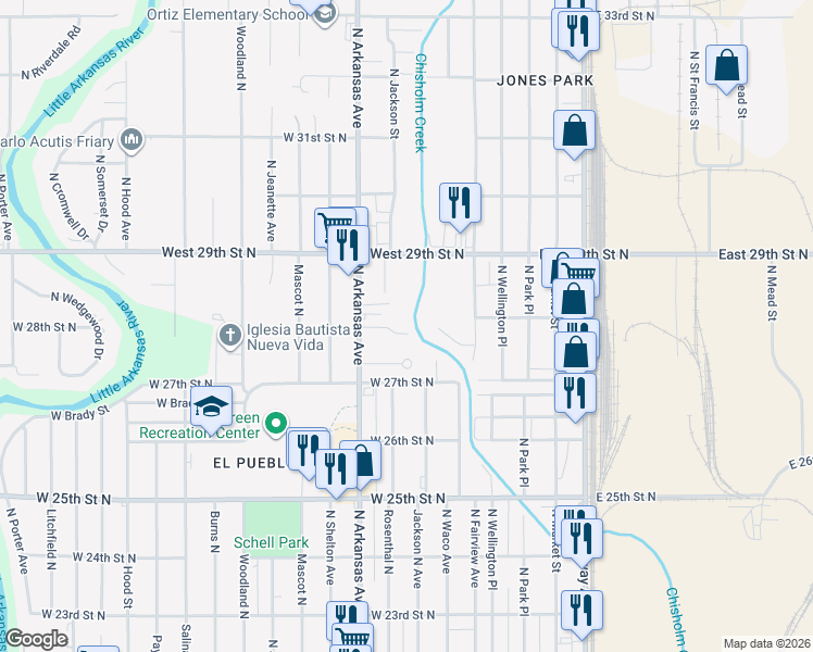map of restaurants, bars, coffee shops, grocery stores, and more near 405 W Meadow Creek St in Wichita