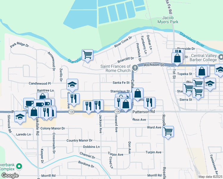 map of restaurants, bars, coffee shops, grocery stores, and more near 2649 Stanislaus Street in Riverbank