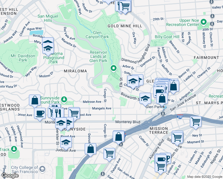 map of restaurants, bars, coffee shops, grocery stores, and more near 1203 Bosworth Street in San Francisco